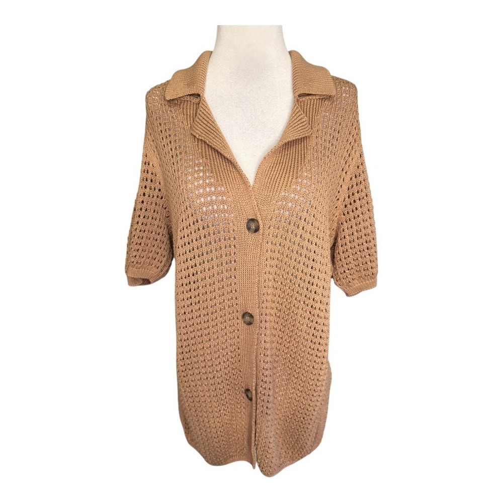 ASOS DESIGN Tan Crochet Knit Button Front Collared Short Sleeve Cardigan Top XS
